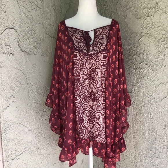 Free People Tops - Free People Burgundy Paisley Poncho Top